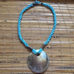Turquoise Blue Tribal Wood Natural Shell Necklace Hippie Boho